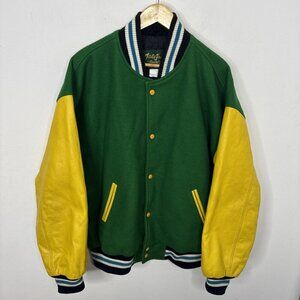 Vintage Field-Jac Varsity Jacket Men 2XL Leather Sleeves Wool Body Green Yellow